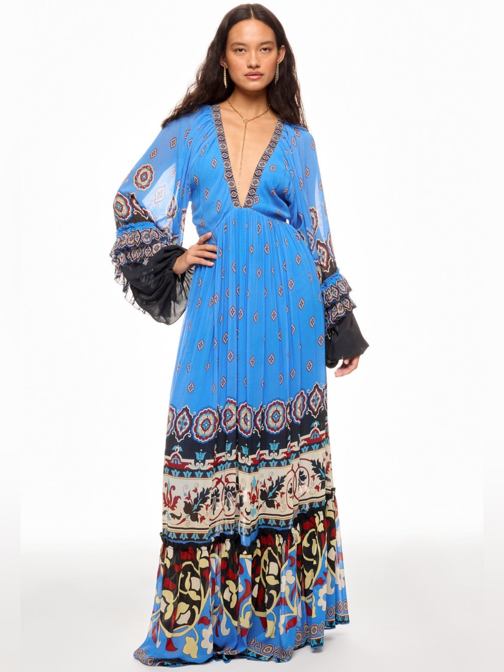 Farm Rio Sky Blue Printed V-Neck Maxi Dress With Black Trim